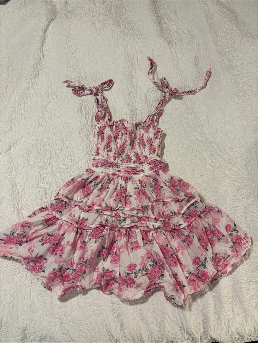 B Darlin Pink Floral Smocked Tiered Mini Dress with Tie Straps